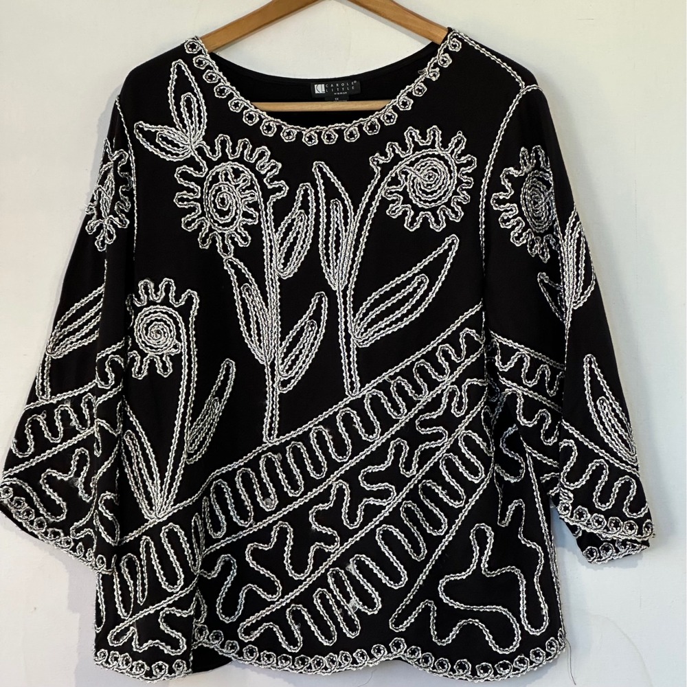 Carole Little Top Embroidered Floral Women 1X Black Old Money Special Occasion